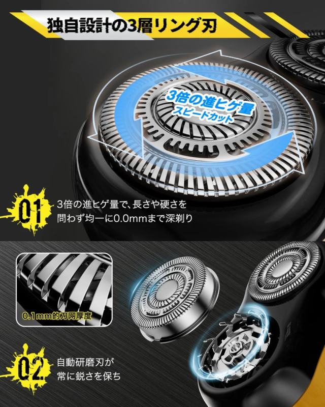 3層リング刃、深剃り、自動研磨刃