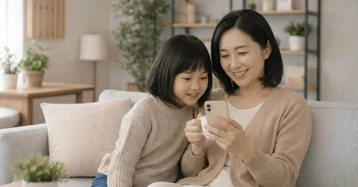 スマートフォンを操作する家族