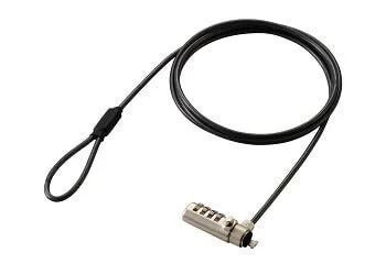 白背景に、ノートパソコンなどの盗難防止に用いられる黒いセキュリティワイヤーが写っています