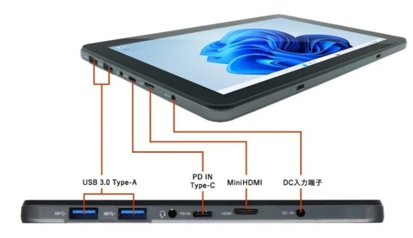 Windows 11の画面を表示したタブレットPCの側面にある接続ポート