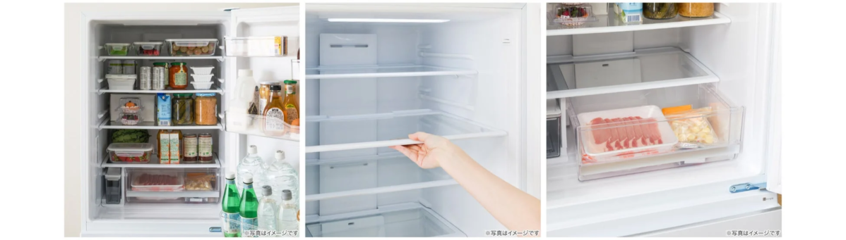 食品や飲み物がきれいに収納された冷蔵庫の中身、棚の着脱、引き出しに肉などが収められた様子