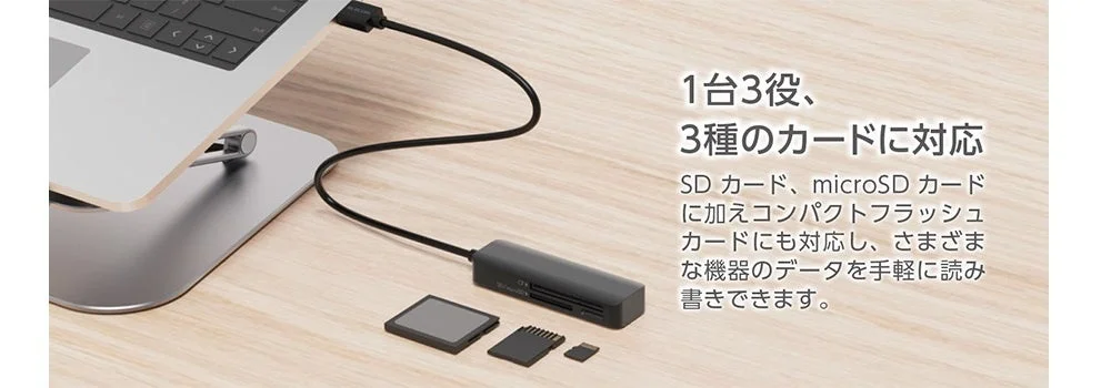 ノートパソコンに接続された多機能カードリーダーが写っており、SDカード、microSDカード、コンパクトフラッシュの3種類のカードに対応し、手軽にデータの読み書きができることを示しています。