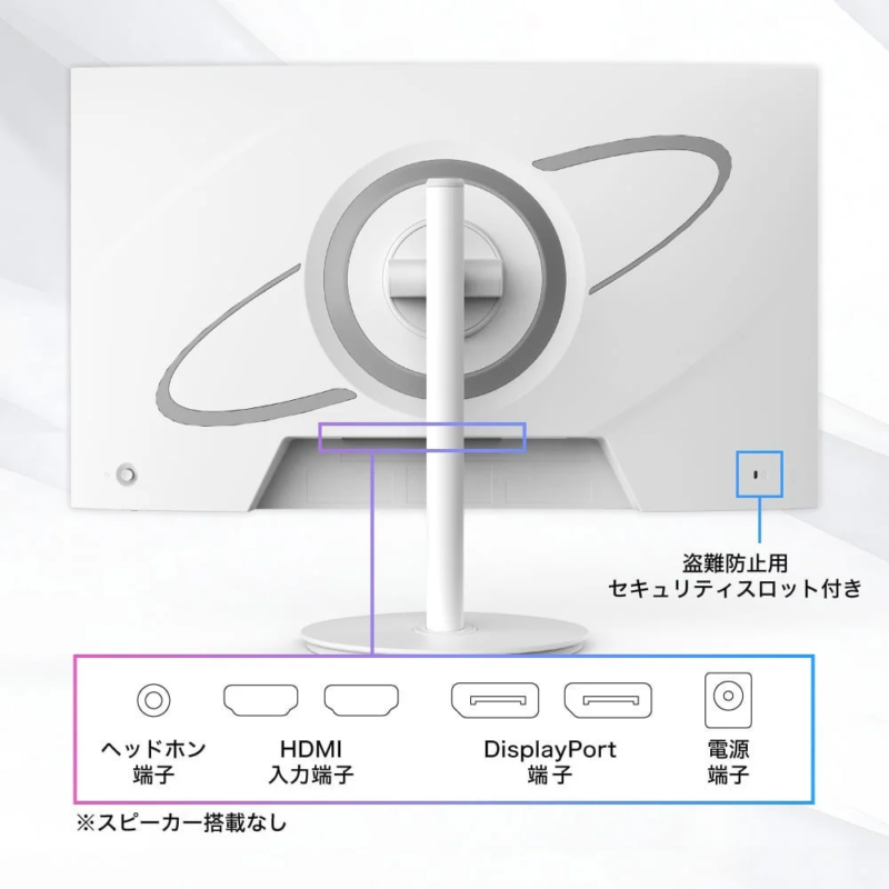 白いモニターの背面が写っており、多様な接続ポートと盗難防止用のセキュリティスロットが配置