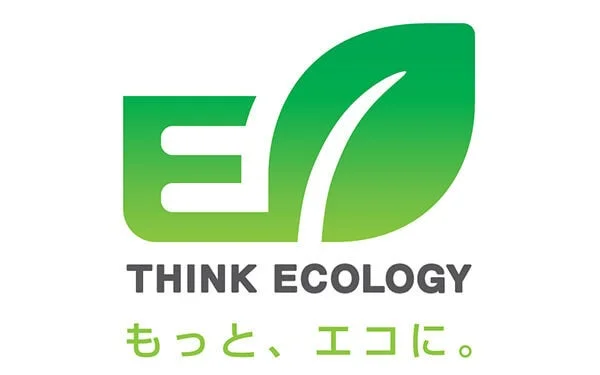 「E」の文字と葉っぱで「O」を表現したロゴに、「THINK ECOLOGY」と「もっと、エコに。」というメッセージが添えられたデザイン