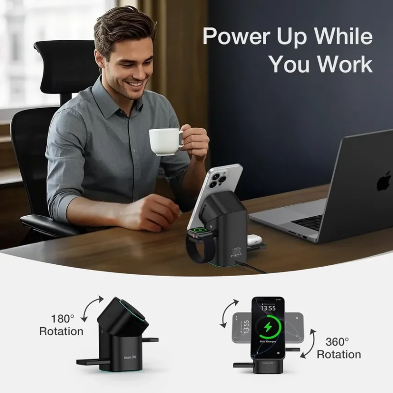 オフィスデスクで多機能充電スタンドを使用する様子