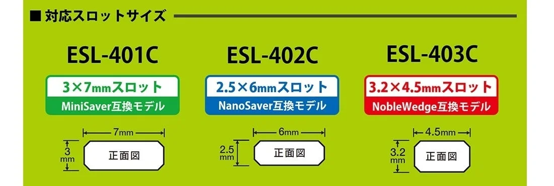 ESL-401C、ESL-402C、ESL-403Cの3モデルに対応するスロットサイズと互換性を示す図