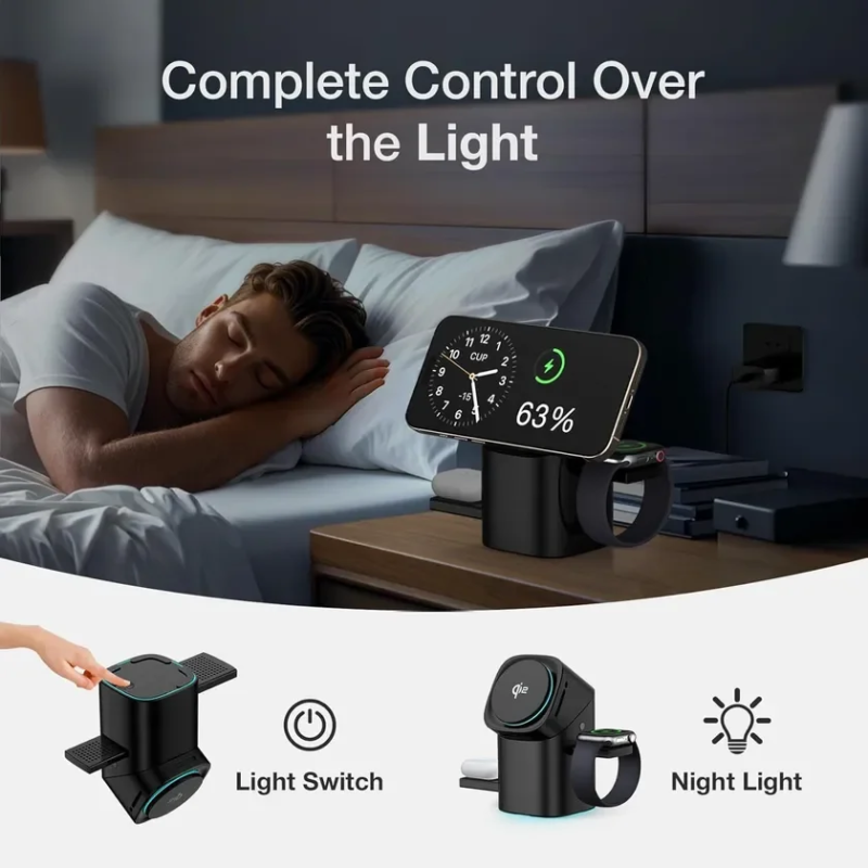 ベッドサイドに置かれたJAPANBLACKの多機能ワイヤレス充電器