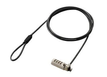 白い背景に置かれた、ノートパソコンなどの電子機器を盗難から守るための黒いセキュリティワイヤーとダイヤル式のロック
