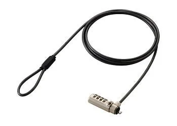 白い背景に、黒いケーブルとシルバーのダイヤル錠が一体となったセキュリティワイヤーが写っています