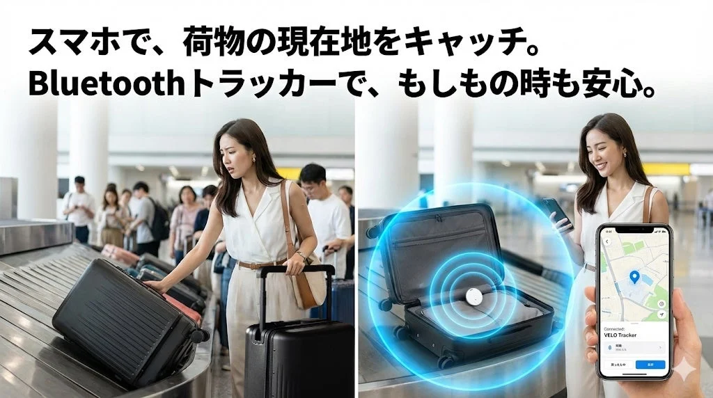 空港のバゲージクレームでスマートフォンとBluetoothトラッカーを使って荷物の現在地を確認する女性