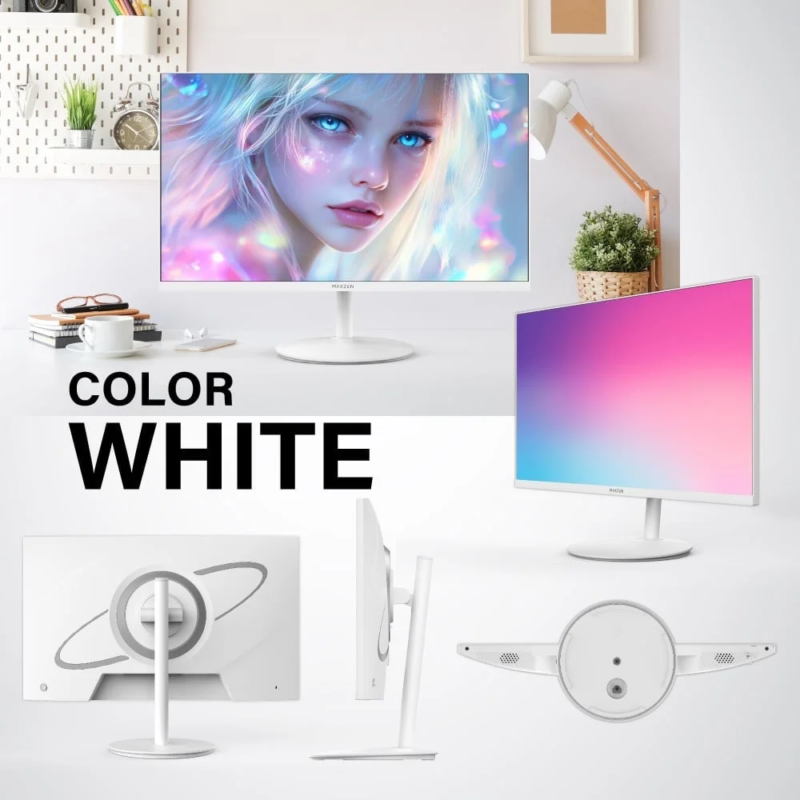 白を基調としたPCモニターの様々な角度からの製品紹介画像