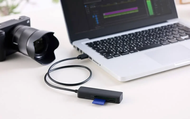 デジタルカメラとノートパソコン、SDカードリーダーが写っており、SDカードがリーダーに挿入され、ケーブルでノートパソコンに接続されています。写真や動画のデータ転送や編集作業の様子を示しています。
