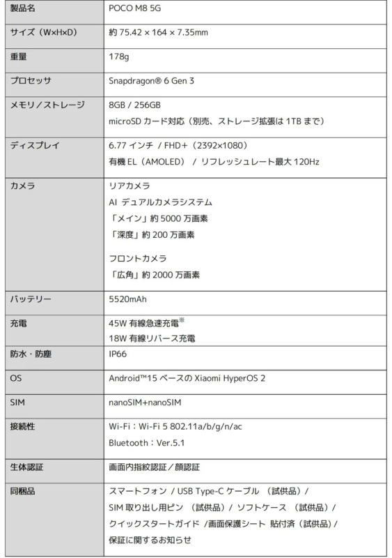 POCO M8 5Gのスペック概要