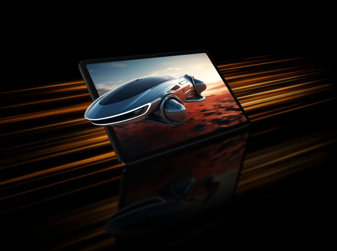 未来的なデザインの乗り物がタブレット画面から飛び出しているようなイメージ