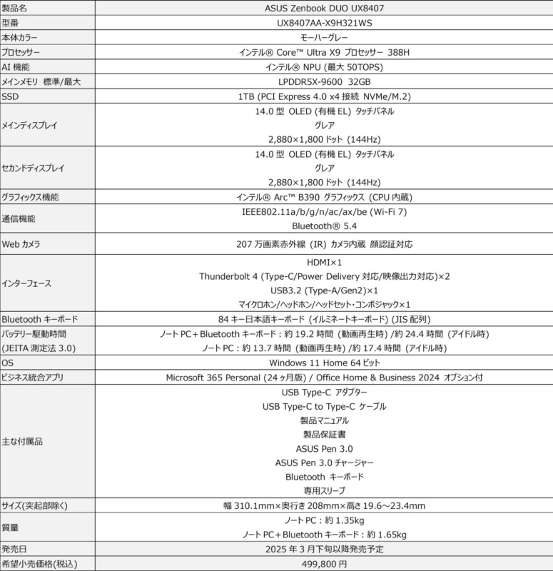 ASUS Zenbook DUO UX8407の製品仕様