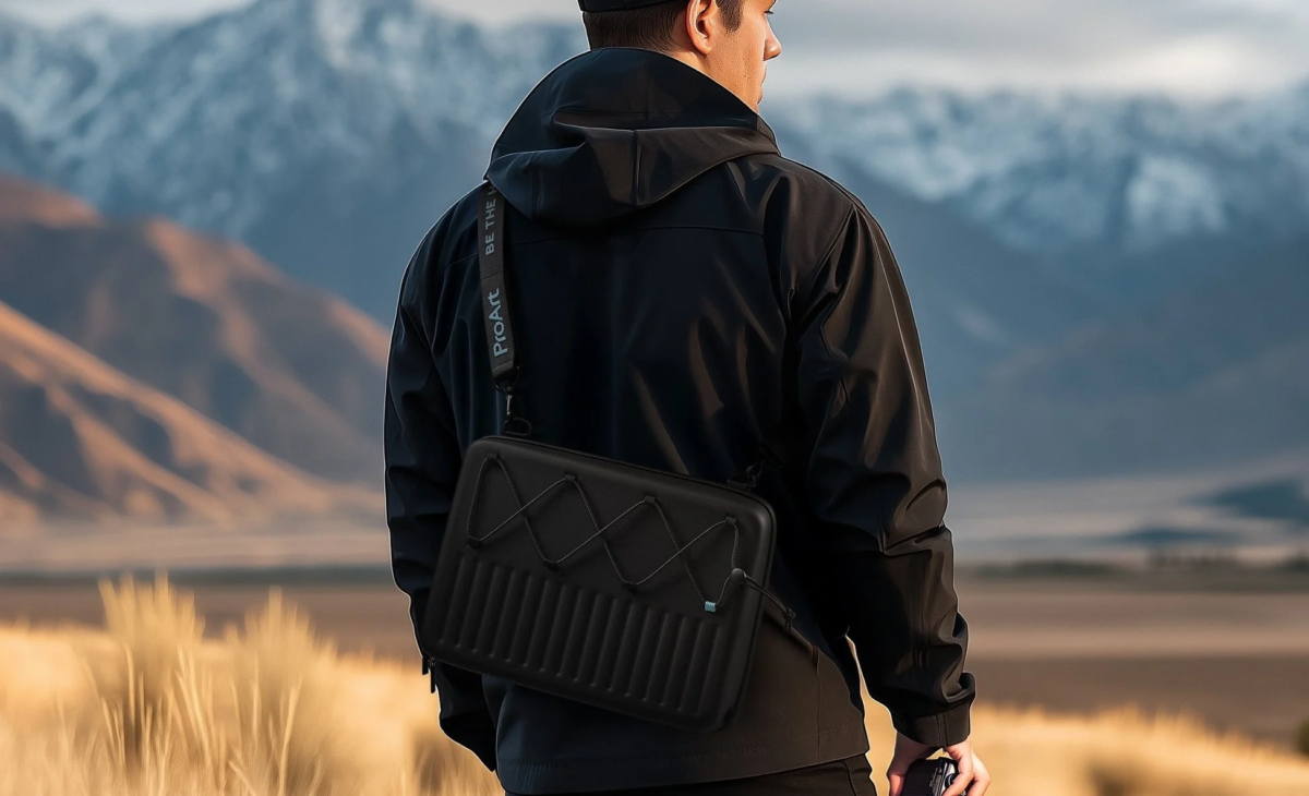 ショルダーバッグを肩にかけ、山々が広がる雄大な自然の中で後ろ姿を見せる人物