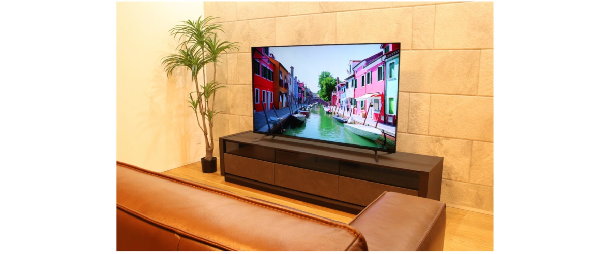 リビングルームに置かれた大型テレビには、カラフルな建物が並ぶ運河の風景が映し出されています。ブラウンのソファと観葉植物が配置され、モダンで落ち着いた雰囲気の室内です。