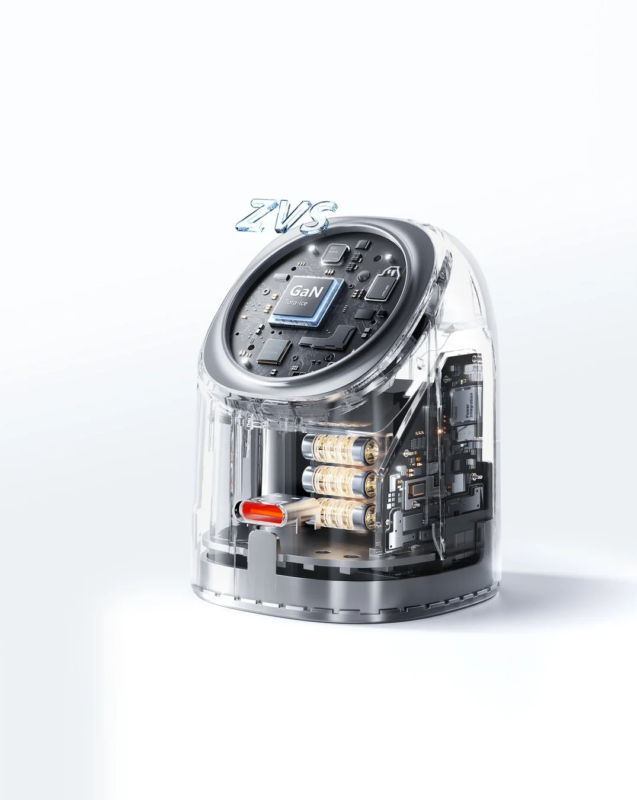 透明なケースに入った電子機器の内部構造を示す画像です。GaNチップやZVS技術、Tera-iceの文字が見え、高度な充電器や電源アダプターのようなデバイスの内部が詳細に描かれています。