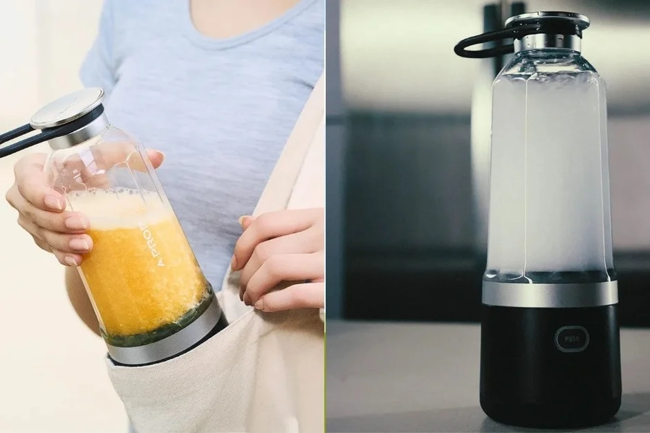 ポータブルブレンダーの使用シーンを左右で紹介。左はオレンジジュース入りボトルをバッグに入れる女性、右は白い液体がブレンド中のボトル。手軽に健康的な飲み物を作って持ち運べる便利さを表現しています。