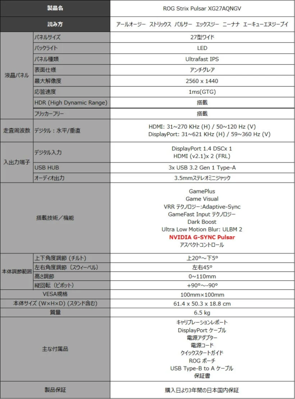 ROG Strix Pulsar XG27AQNGV製品仕様