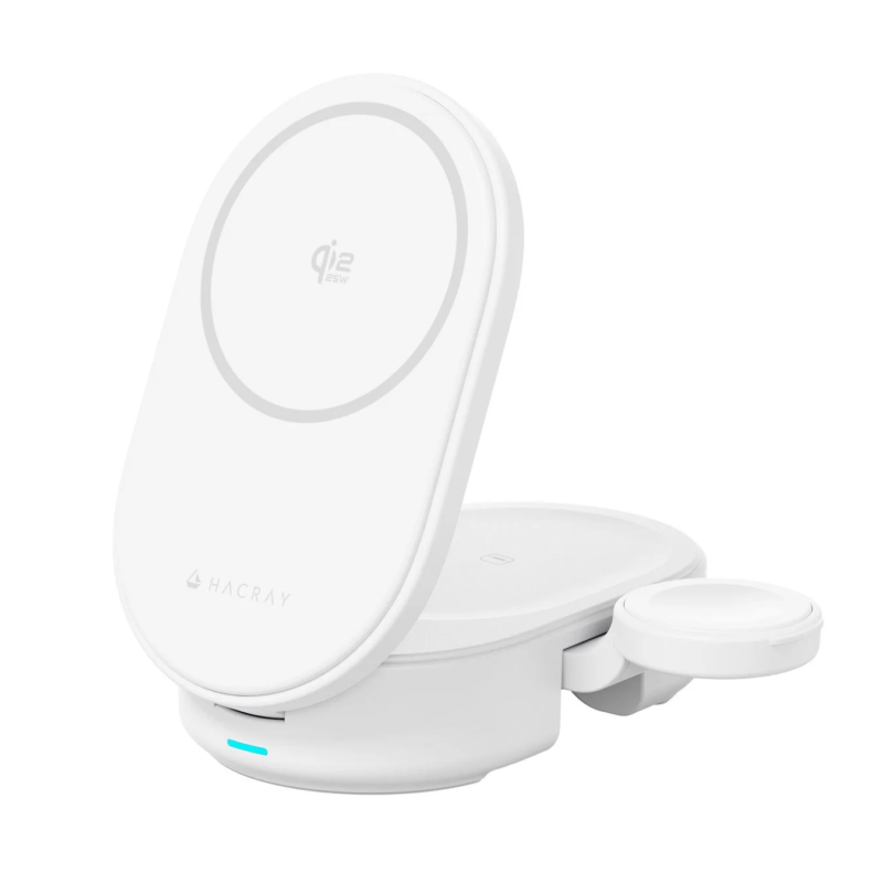白いHacray製Qi2 25Wマルチデバイスワイヤレス充電器の製品画像。折りたたみ式