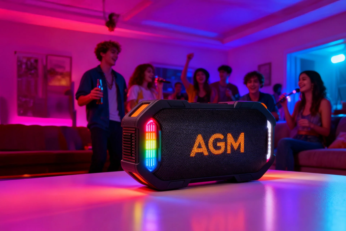 カラフルな照明の部屋で、友人たちがカラオケパーティーを楽しんでいる様子