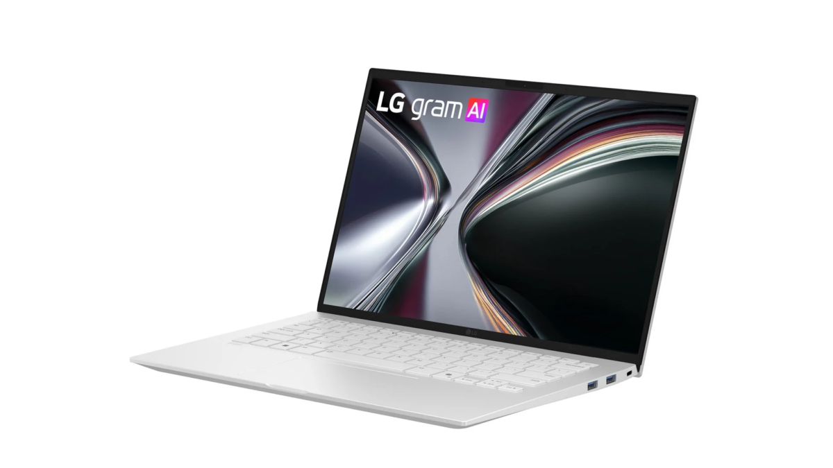 ディスプレイに「LG gram AI」のロゴが表示された白いノートパソコン