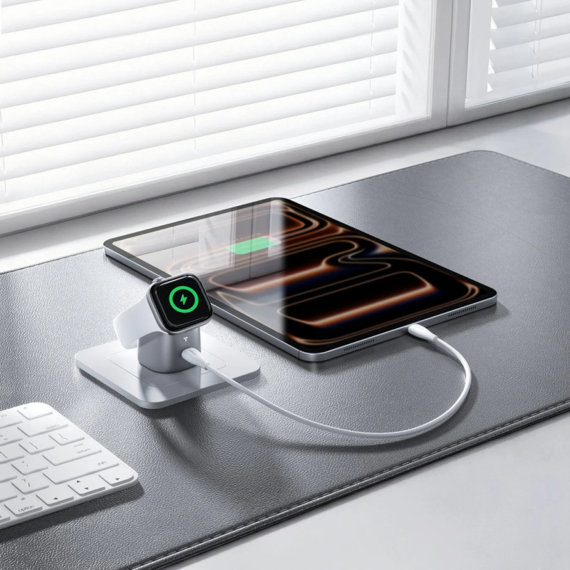 デスク上の充電風景で、Apple Watchがワイヤレス充電スタンドに置かれ、タブレットがケーブルで充電されています。白いキーボードとグレーのデスクマットが手前にあり、背景には窓とブラインドが見えます。