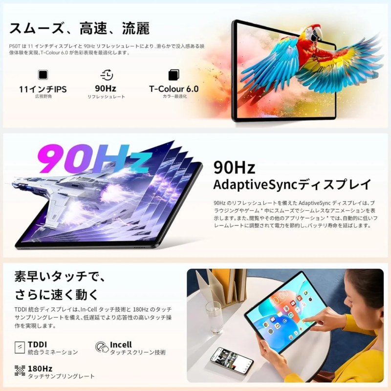 Teclast P50Tの11インチ90Hz IPSディスプレイの説明