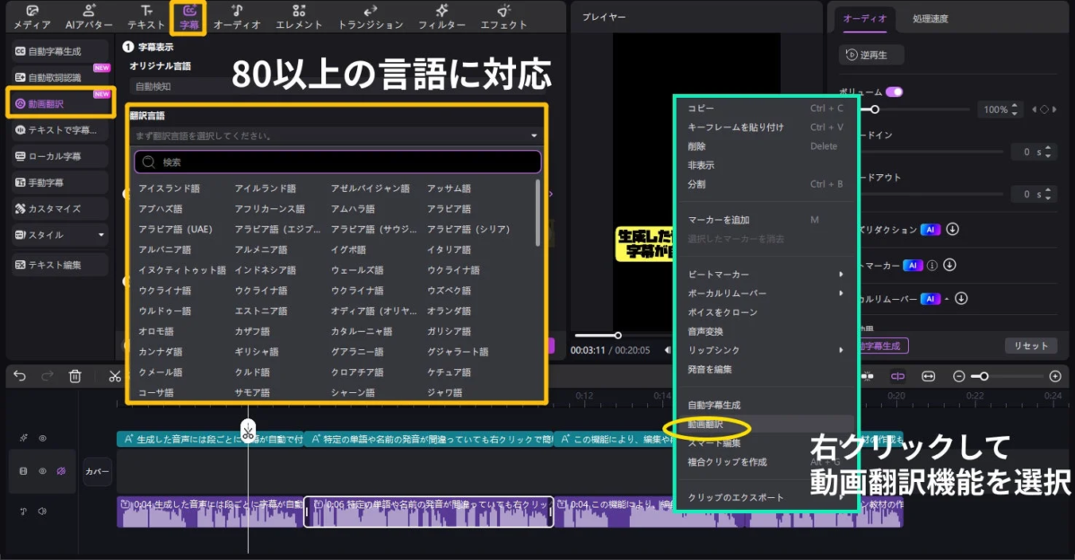 多言語翻訳機能のUI