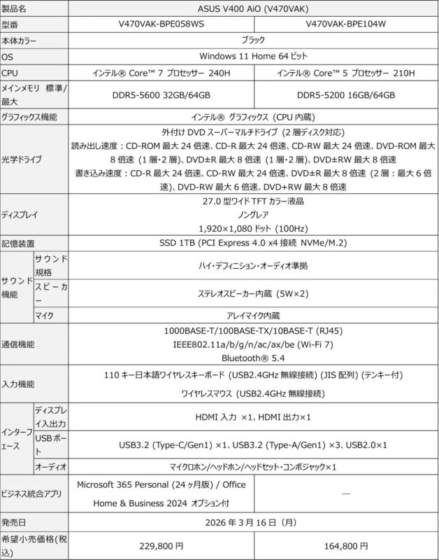 ASUS V400 AiO (V470VAK) 製品スペック概要