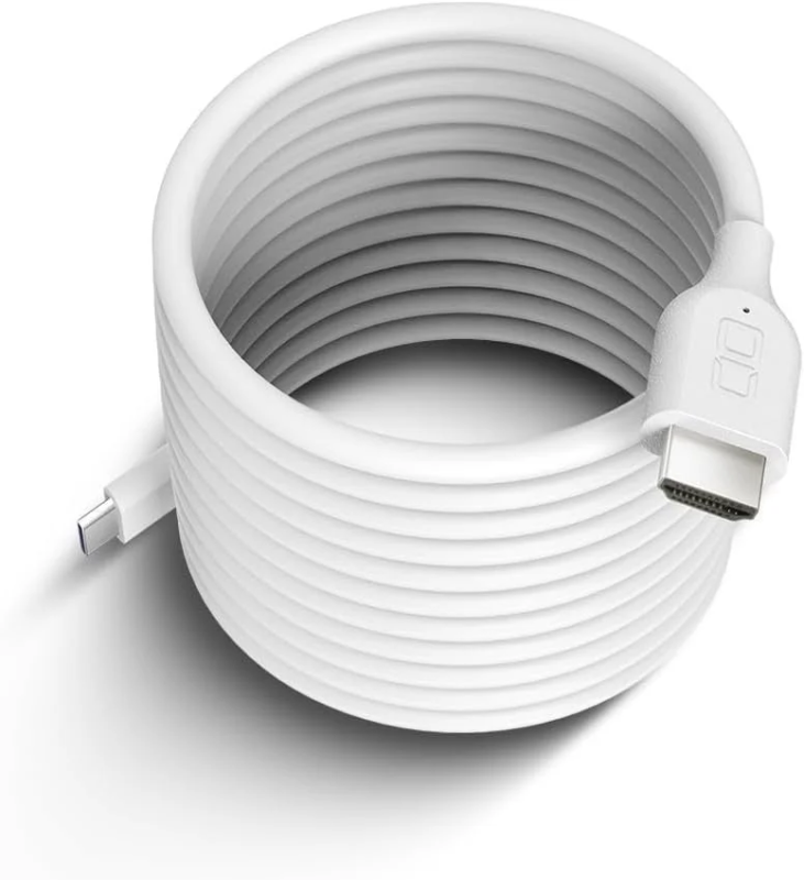 白い背景に置かれた、USB-C端子とHDMI端子を持つ白いケーブルがコイル状に巻かれている画像です。映像出力やデータ転送に使用される接続ケーブルと推測されます。