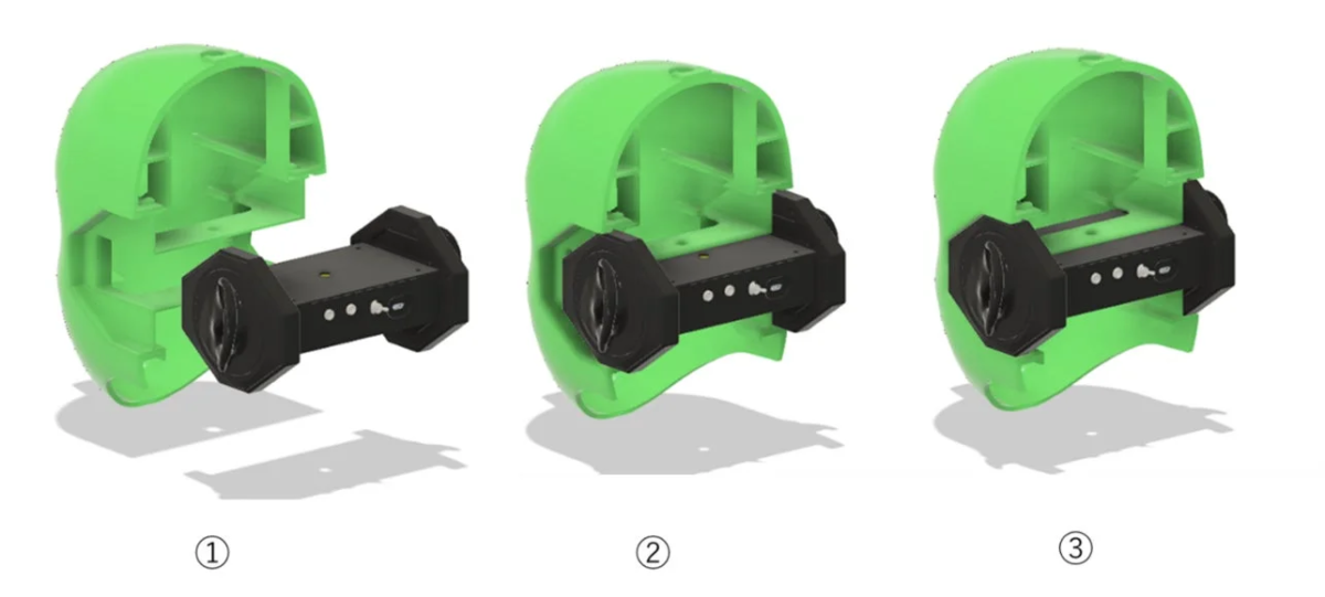 緑色の筐体に黒色の部品を組み立てる3段階のプロセスを示した画像