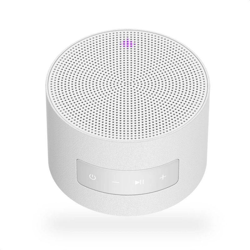 白い円筒形のポータブルBluetoothスピーカーの画像です。上部にはスピーカーグリルがあり、紫色のLEDインジケーターが点灯しています。側面には電源、音量調整、再生/一時停止などの操作ボタンが配置されており、シンプルでモダンなデザインが特徴です。