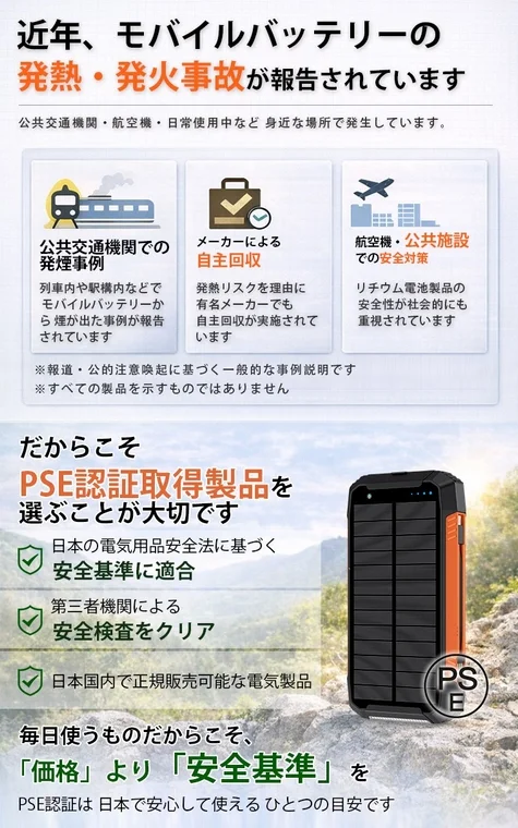 モバイルバッテリーの発熱・発火事故が増加し、PSE認証取得製品の選択が重要だと訴求。価格より安全基準を重視し、安心して使える製品を選ぶよう促す。