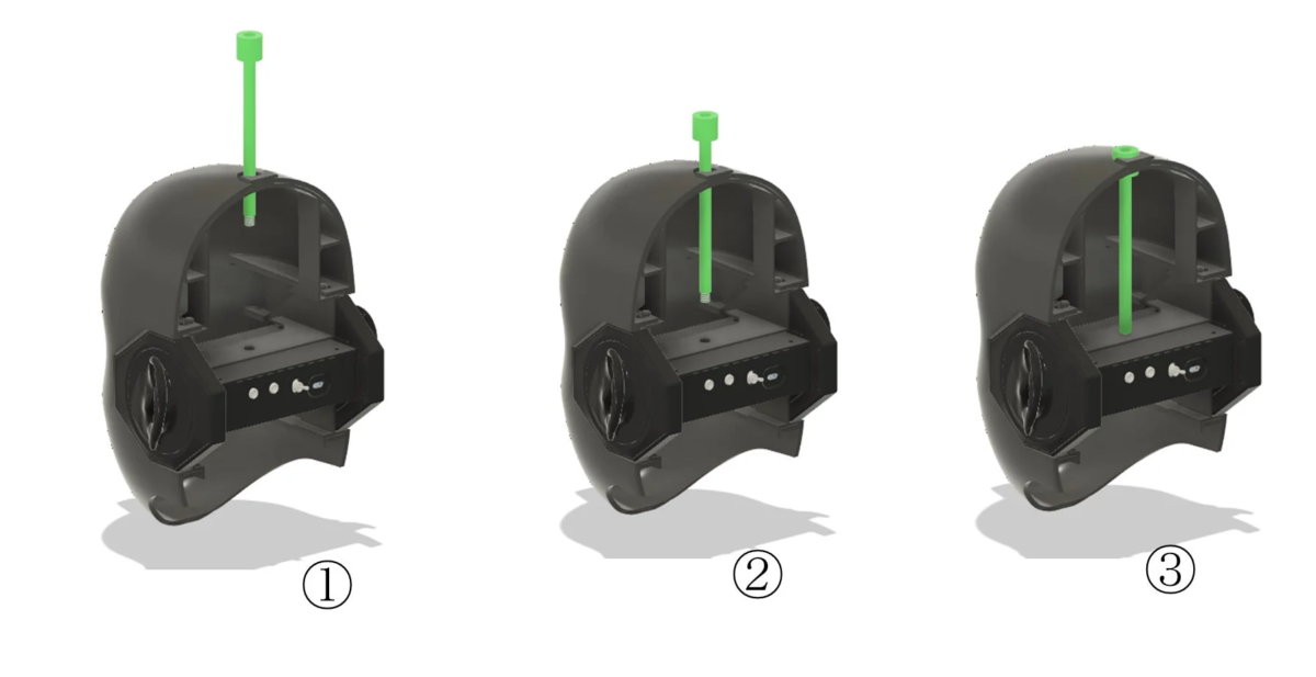 黒いハウジングのような物体に緑色の棒状の部品を挿入する3段階の工程