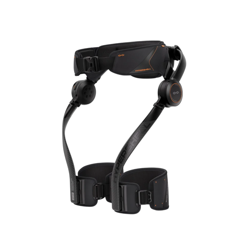 黒とオレンジを基調とした高性能な膝装具または脚部サポートシステム