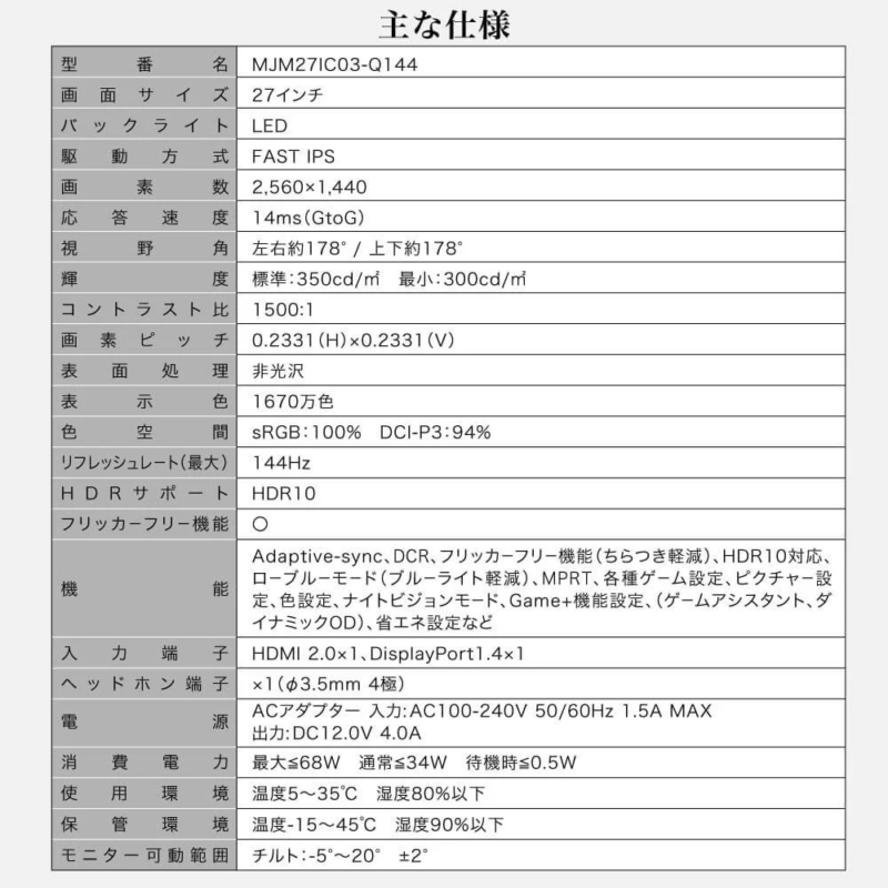 モニターの主な仕様表