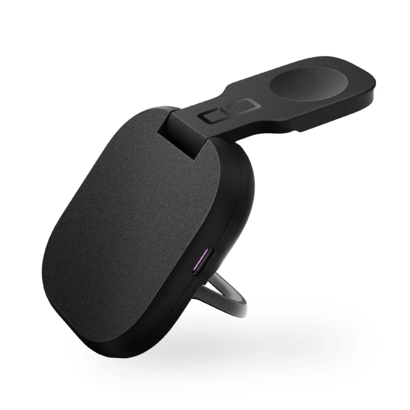 白い背景に置かれた、黒いコンパクトなワイヤレス充電器です。折りたたみ式のApple Watch充電部とスタンド機能を備えており、携帯性に優れています