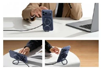 デスクでスマートフォンを使用している様子が複数枚の画像で示されています。マグネット式のリングスタンドが装着されており、充電しながら縦横両方向で自立させられる機能が紹介されています