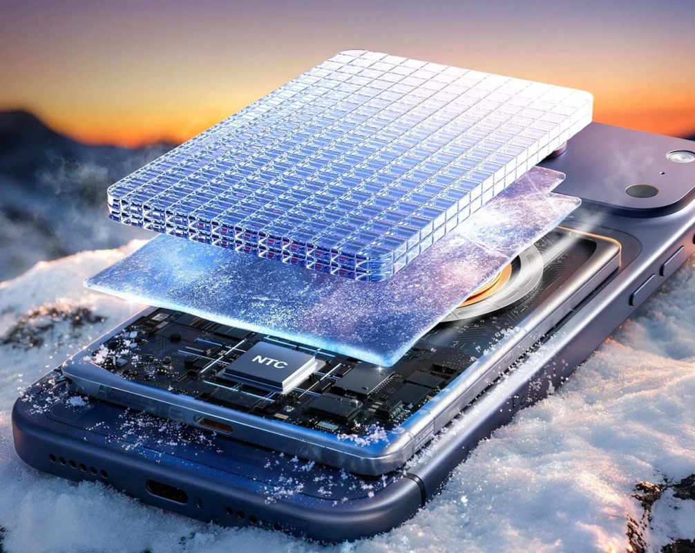 雪の上に置かれたスマートフォンの内部構造が露わになり、高度な冷却技術が層状に示されています