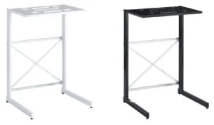 白と黒の2色のC字型サイドテーブルが並んでおり、ソファやベッドの下に差し込んで使えるデザインです。金属製のフレームが特徴で、シンプルかつ機能的な家具です。