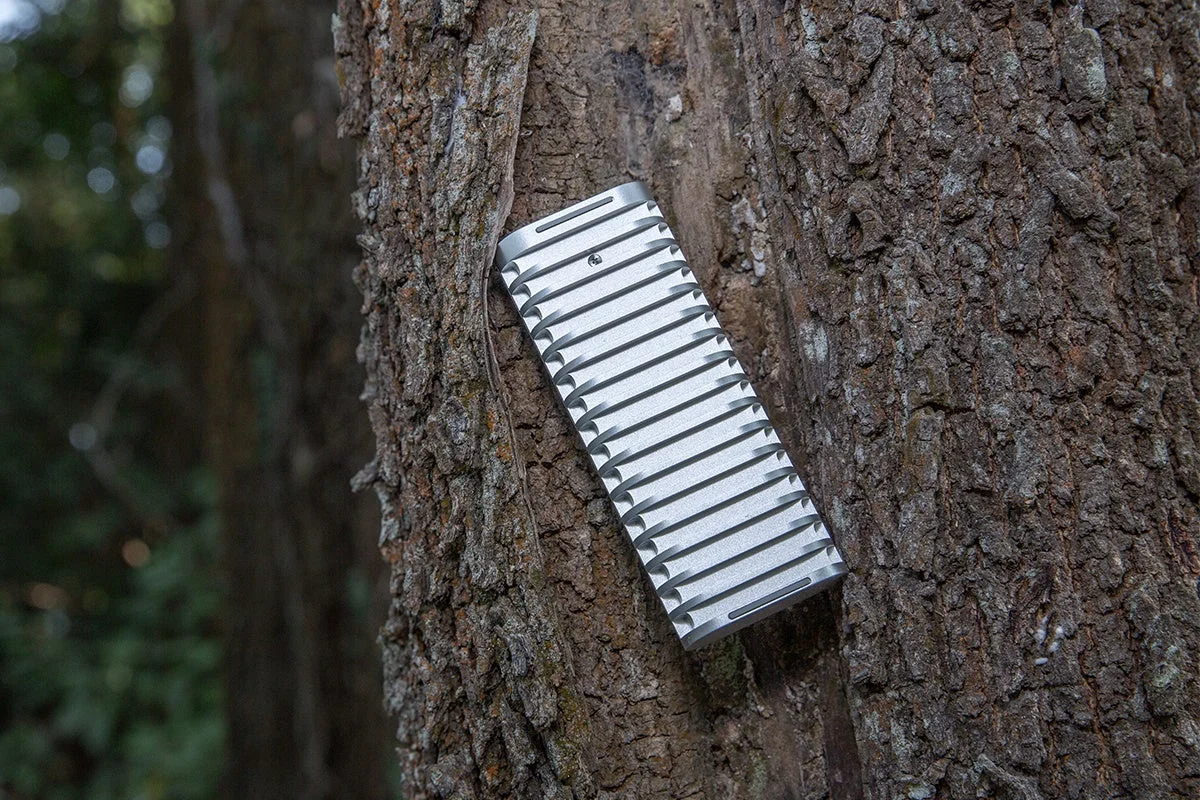 ごつごつした樹皮の木に、銀色の金属製で冷却フィンを持つ長方形のデバイスが差し込まれている様子