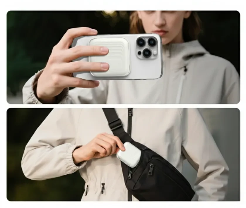 スマートフォン、モバイルバッテリー、女性