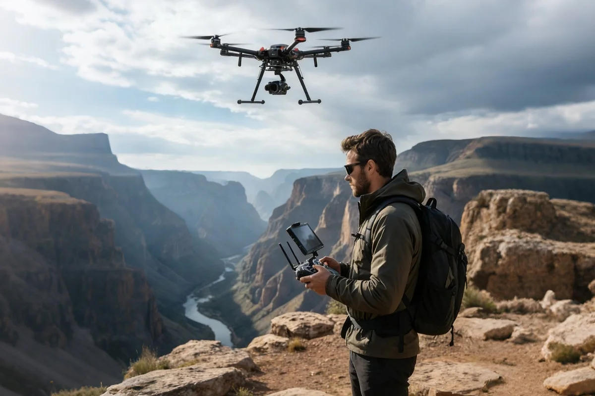 壮大な渓谷を背景に、男性がドローンを操作している様子