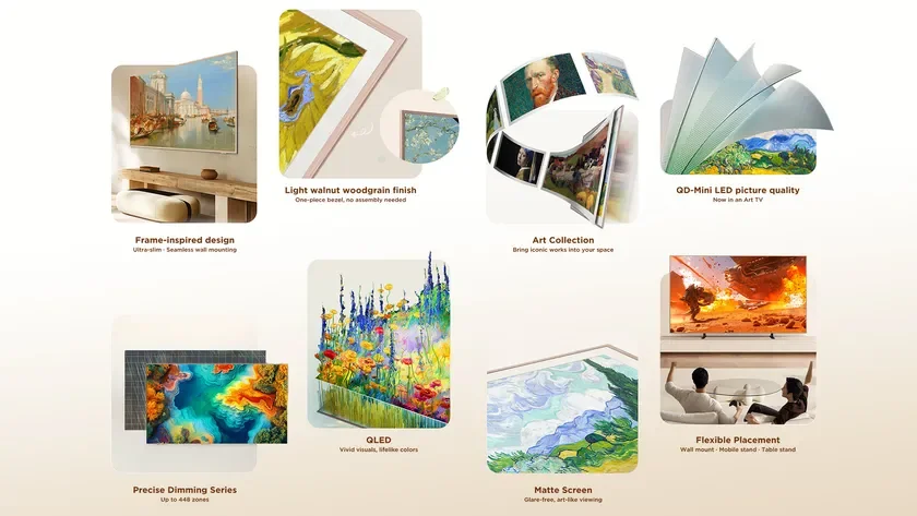 額縁のようなデザインが特徴のテレビの広告で、QD-Mini LEDとQLEDによる高画質、マットスクリーン、アートコレクション機能、柔軟な設置方法など、アートとテクノロジーを融合させた製品の魅力を紹介しています。