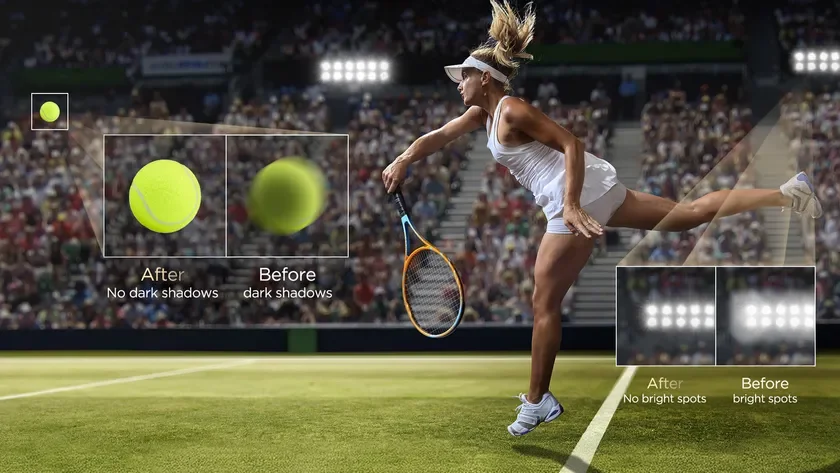 テニスプレーヤーがサーブを打つ瞬間の画像で、画像処理によるテニスボールの影の改善（暗い影なし）とスタジアム照明のまぶしさの改善（まぶしい点なし）を比較して示しています。
