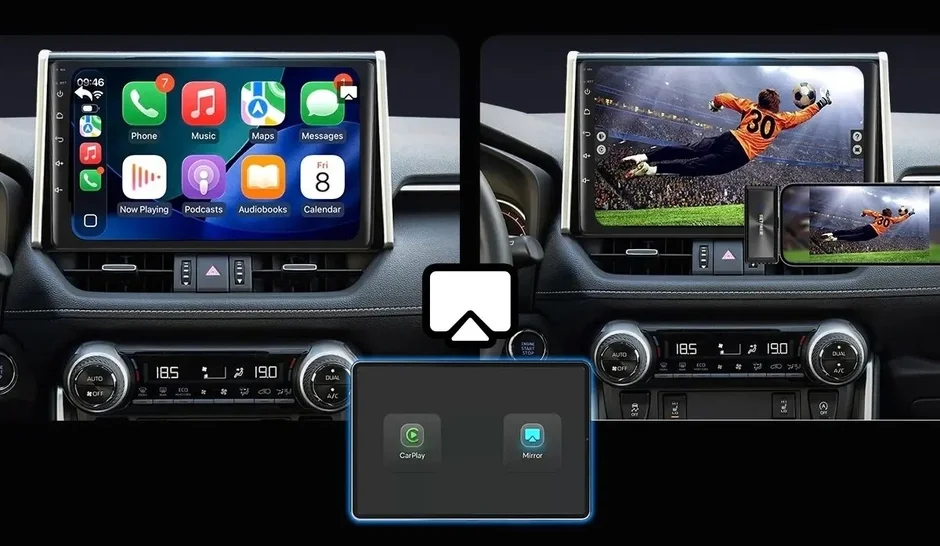 車載ディスプレイがApple CarPlayとミラーリング機能を介してスマートフォンと連携する様子