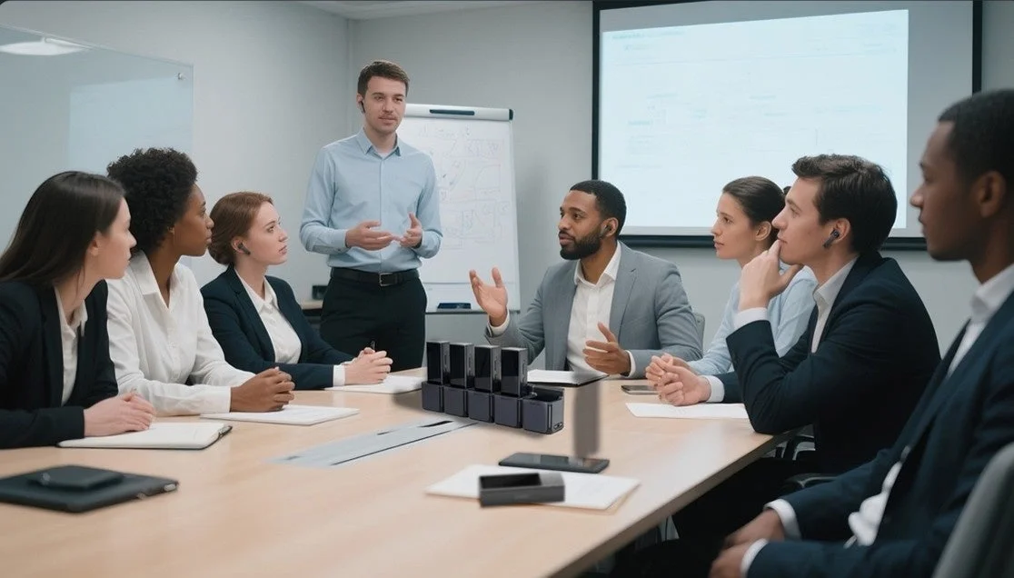 会議室で男性がプレゼンテーションを行っており、複数のビジネスパーソンがテーブルを囲んで熱心に耳を傾けている様子です。一部の参加者はワイヤレスイヤホンを装着しており、テーブル上にはプレゼンテーション用のデバイスが置かれています。