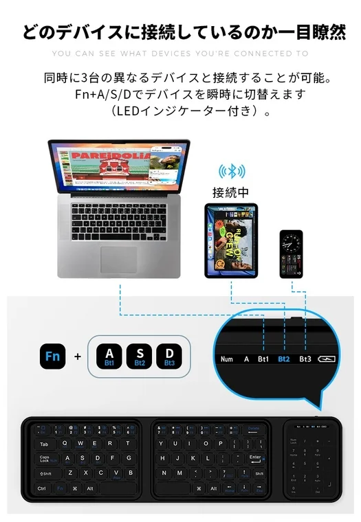 BluetoothキーボードがノートPC、タブレット、スマホの3台に同時接続可能で、FnキーとA/S/Dで瞬時に切り替えられることを説明